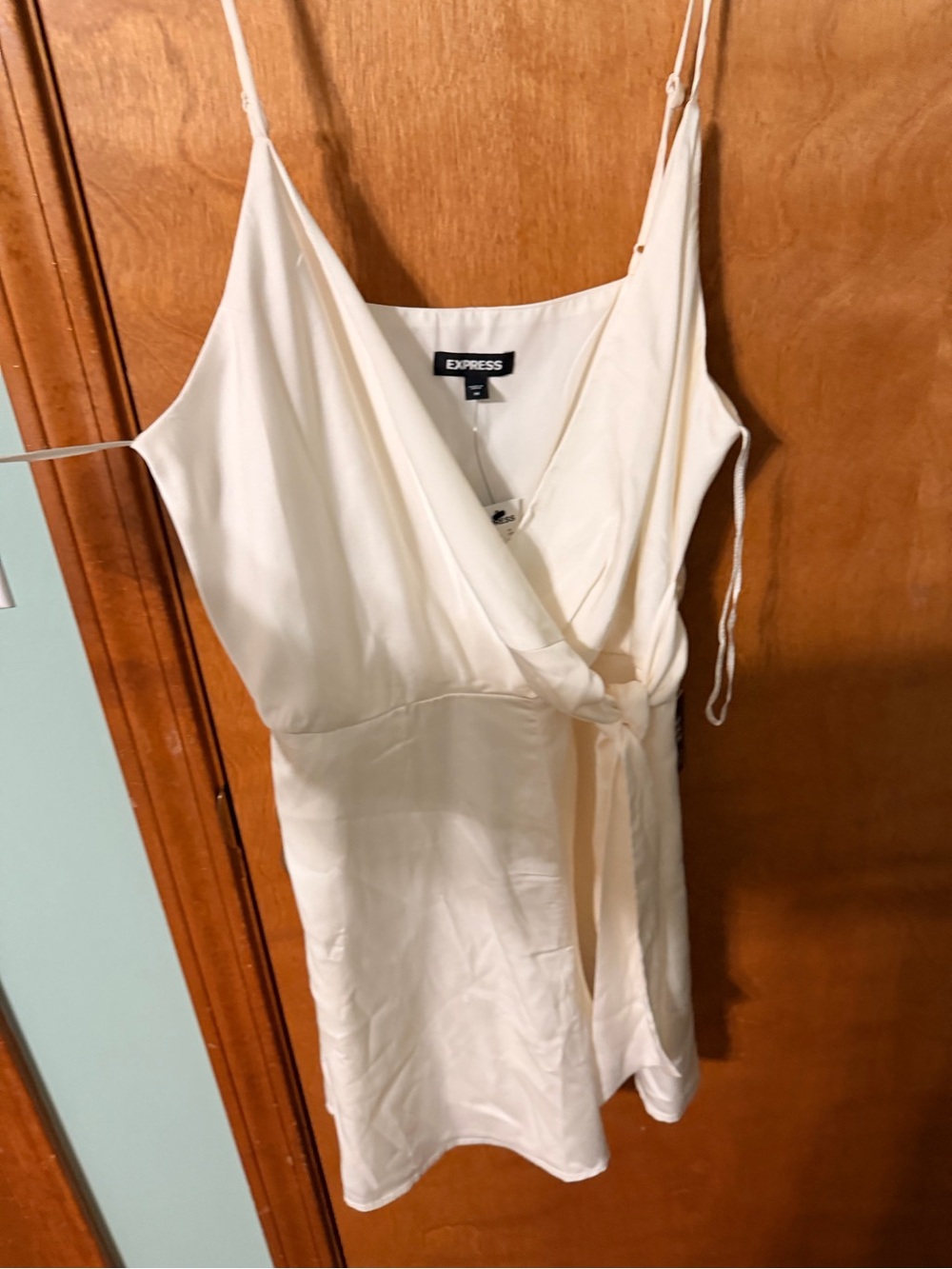 Express Cream Wrap Slip Romper with Spaghetti Straps